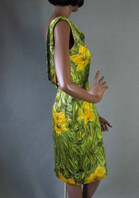 side view, fitted silk sheath dress in green and yellow floral print