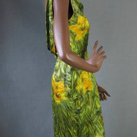 side view, fitted silk sheath dress in green and yellow floral print