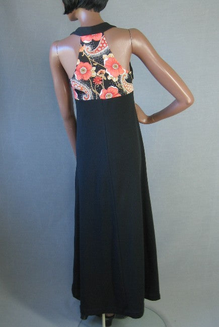 back view, racerback maxi dress black with Birtwell inspired poppy print