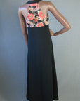 back view, racerback maxi dress black with Birtwell inspired poppy print