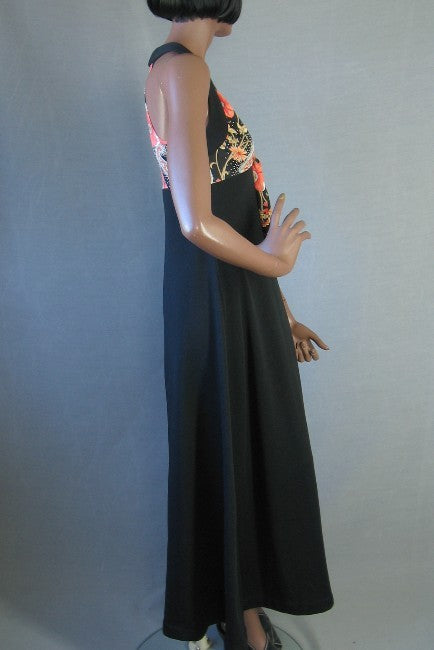 side view, 70s halter style maxy dress