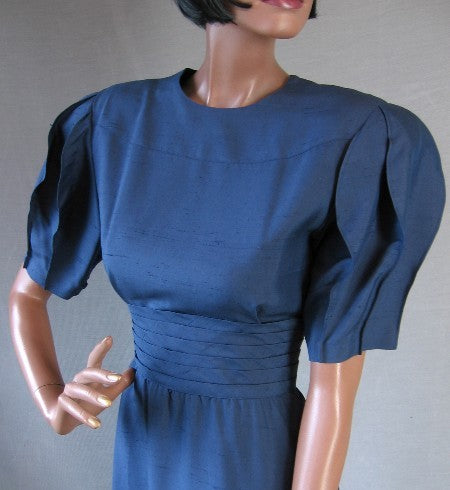 bodice, 80s dress with cummerbund style waist and pleated lantern sleeves