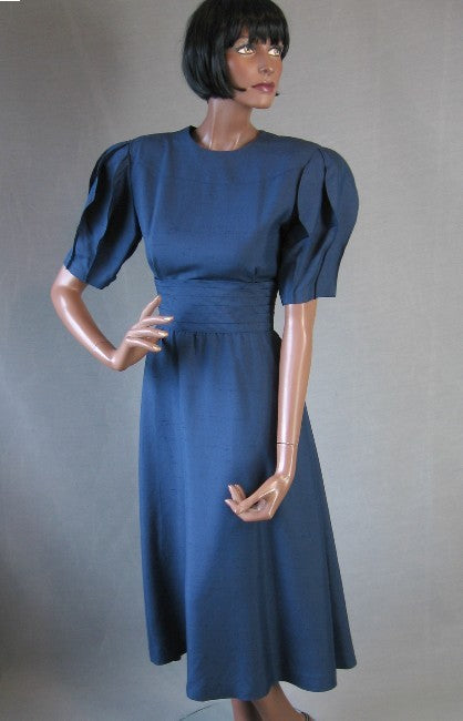 1980s dark blue silk designer dress