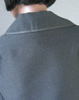 close up detail of jacket back, braid edged collar