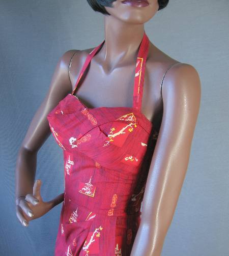 bodice, 1950s vintage sarong dress red kokeshi print