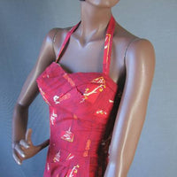 bodice, 1950s vintage sarong dress red kokeshi print