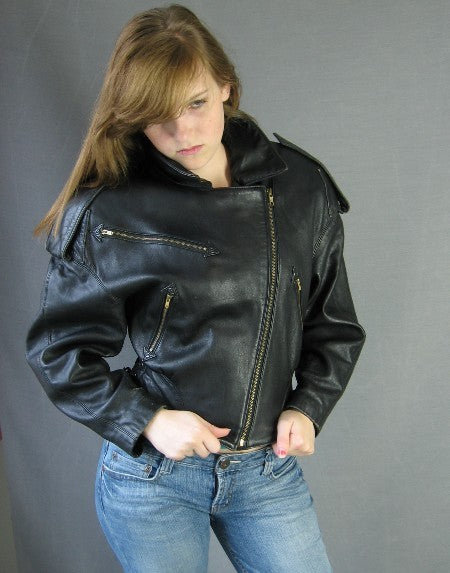 another view, zippers on cropped black leather jacket