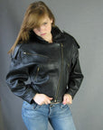 another view, zippers on cropped black leather jacket