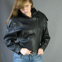 another view, zippers on cropped black leather jacket