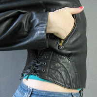 side detail, 80s cropped and laced up black leather jacket