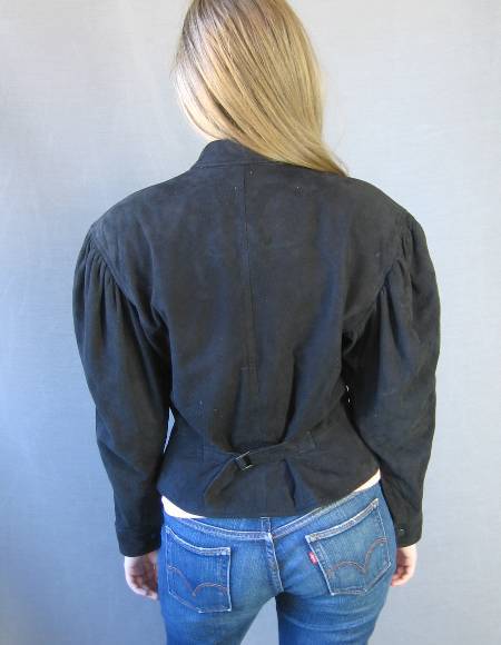 back view, vintage 80s black surded cropped jacket with Gigot sleeves by North Beach leather