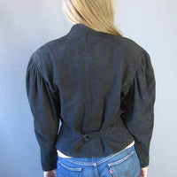 back view, vintage 80s black surded cropped jacket with Gigot sleeves by North Beach leather