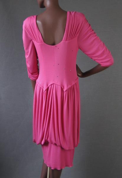 back view, draped and ruched pink jersey dress with bubble skirt