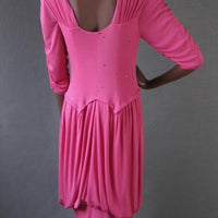 back view, draped and ruched pink jersey dress with bubble skirt