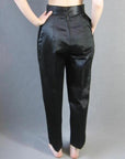 back view, black satin Asian cigarette style pants