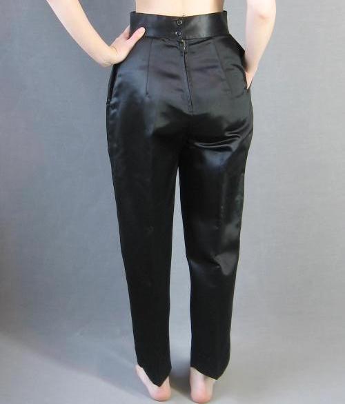 back view, black satin Asian cigarette style pants