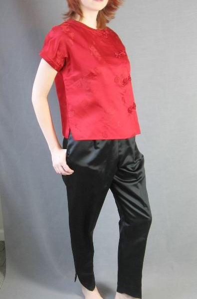 another view, red Chinese brocade top with black satin pants
