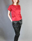 60s Asian loungewear red satin brocade top and black satin pants