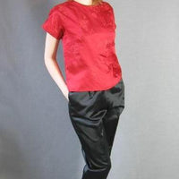 60s Asian loungewear red satin brocade top and black satin pants