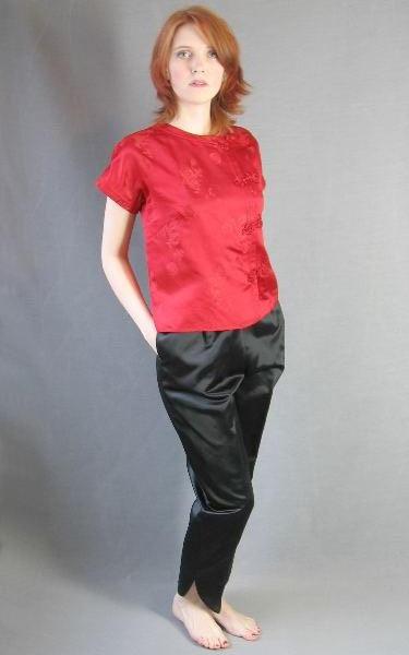 60s Asian loungewear red satin brocade top and black satin pants