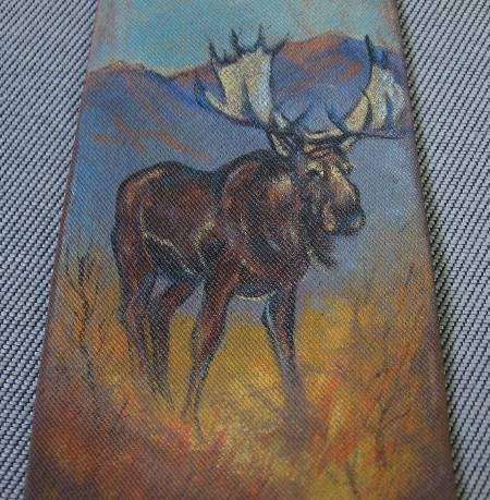 1950s skinny hand painted necktie, moose in wilderness