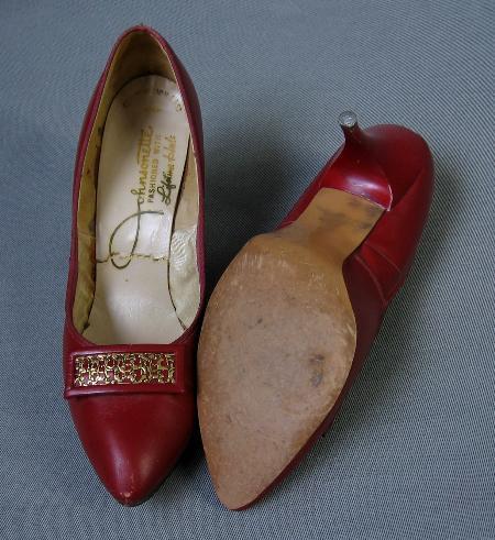 overhead view of 50s 60s red stilettos showing inside and soles
