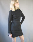 1970s ruffle edged black knit mini dress