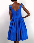 back view, 50s blue taffeta fit and flare party dress