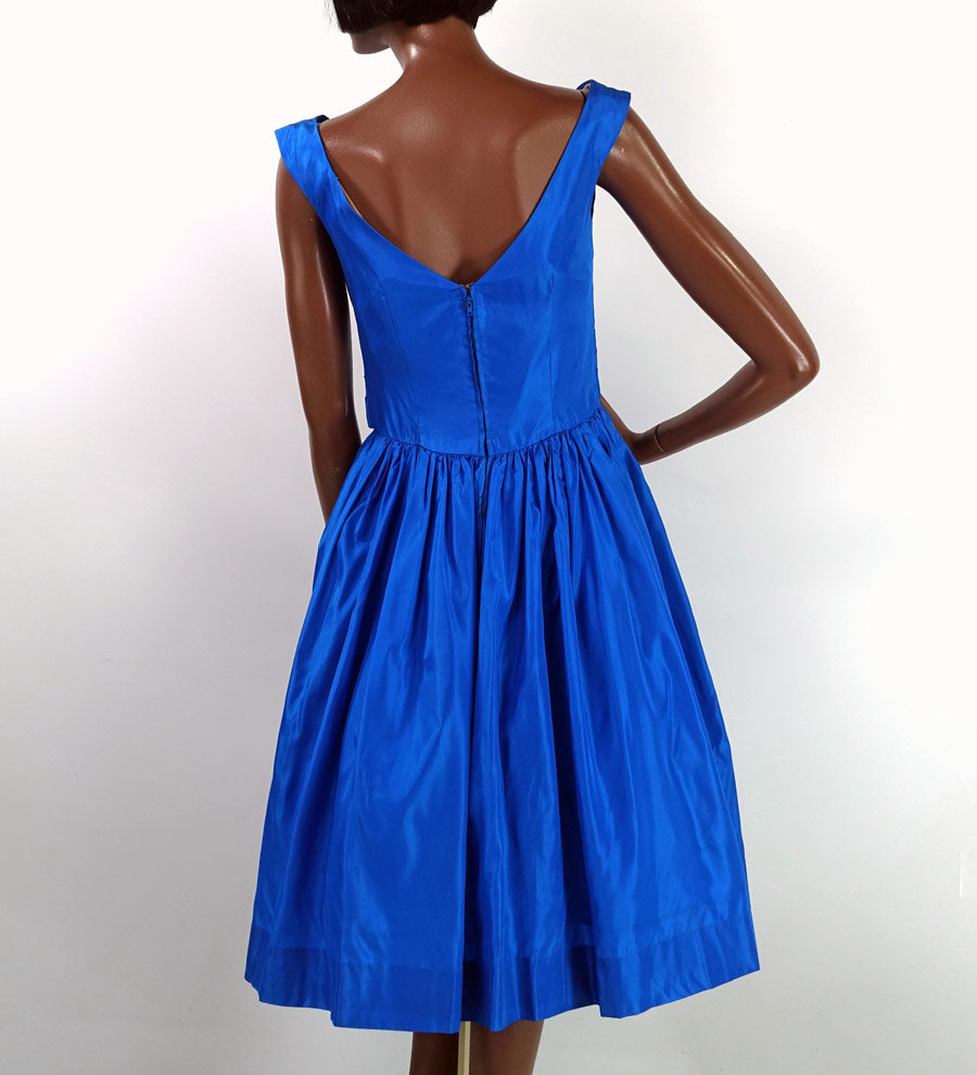 back view, 50s blue taffeta fit and flare party dress
