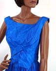 more bodice detail, 50s vibrant blue taffeta cocktail dress