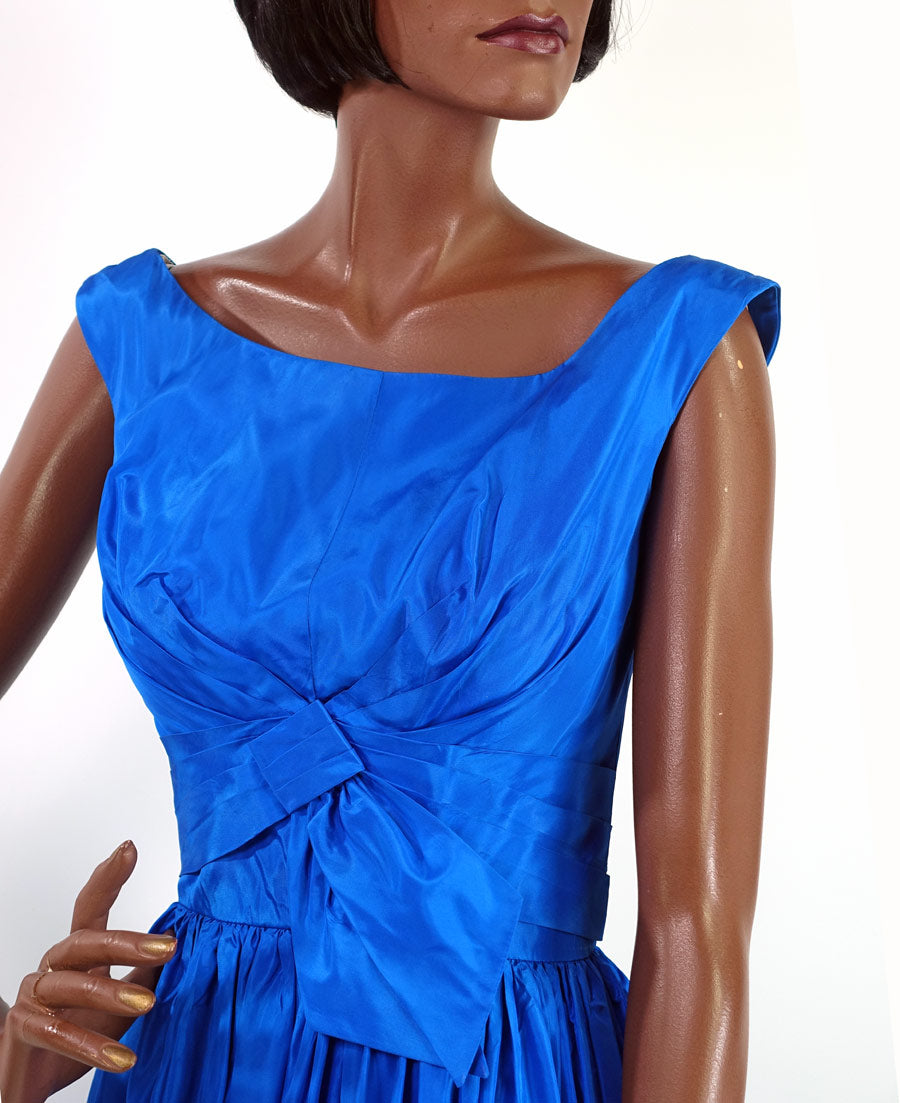 more bodice detail, 50s vibrant blue taffeta cocktail dress
