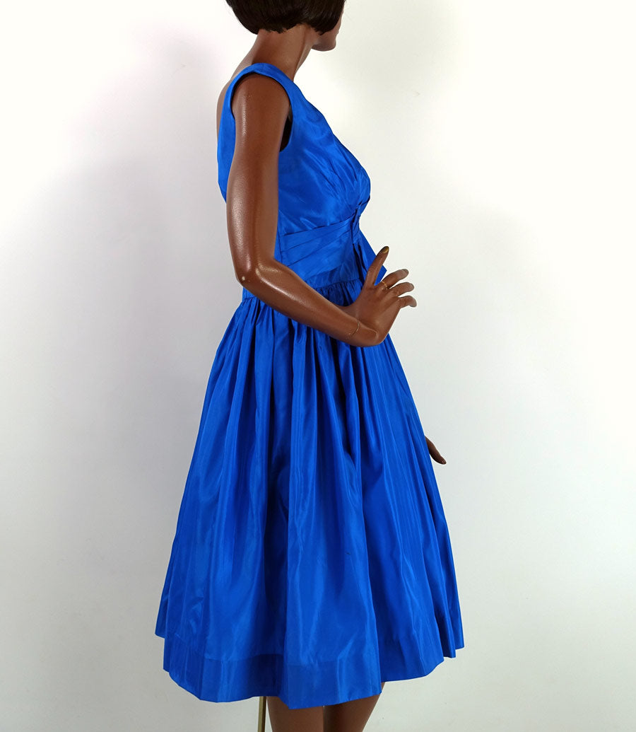 side view, 50s fit and flare blue taffeta party dress