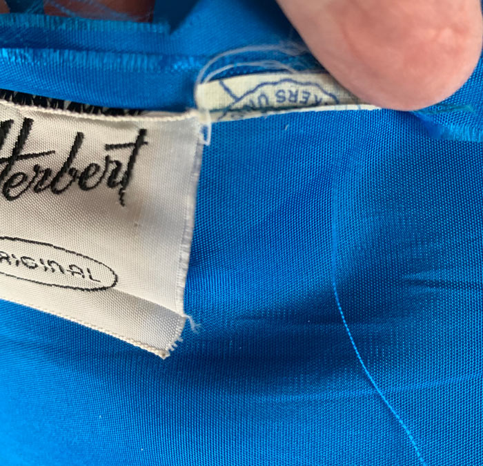 50s blue taffeta Jonny Herbert dress showing remains of union label