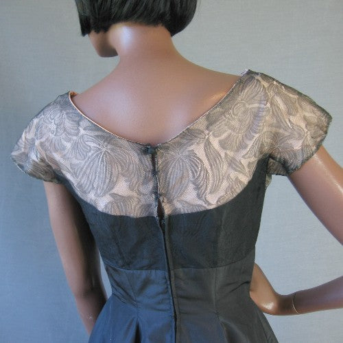 closer back view, sophisticated vintage black lace and taffeta dress
