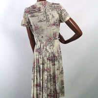 back view, pink gray print 50s 60s dress