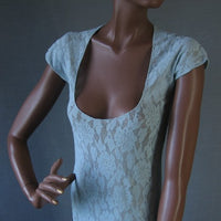 bodice, low scoop neckline 70s semisheer lace nightgown