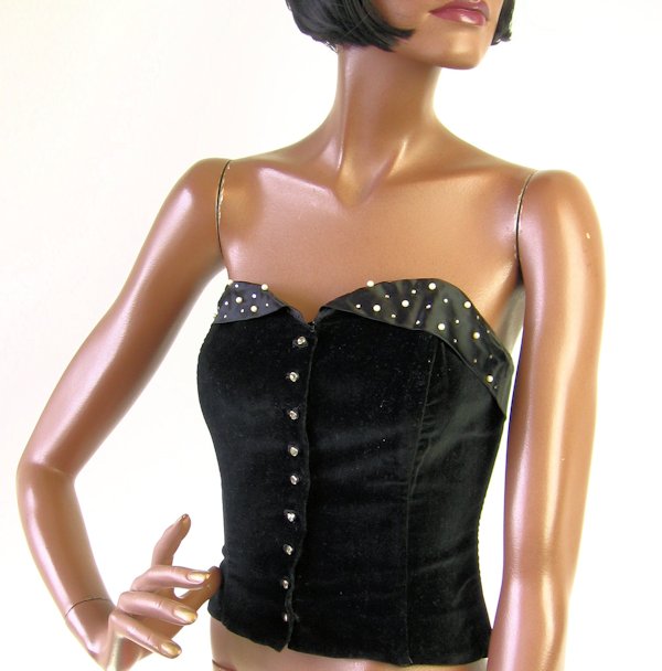 50s Rockabilly Strapless Bustier Vintage Pinup Top Black Velvet Jewel Trim Koret California VFG