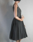 side view, 50s full chiffon skirt cocktail dress