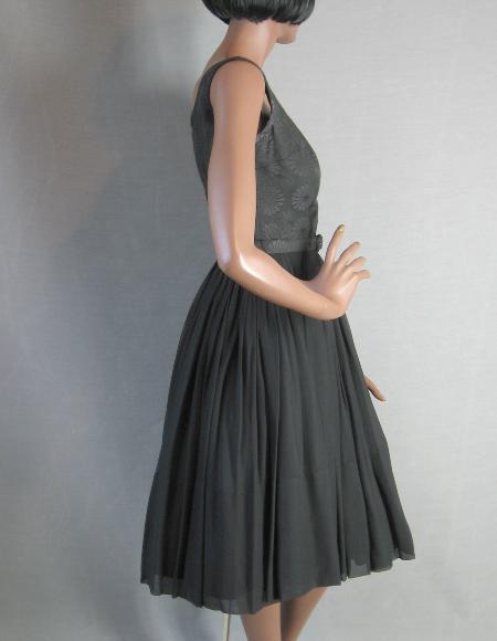 side view, 50s full chiffon skirt cocktail dress