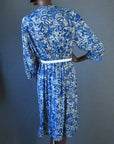 back view, blue and white paisley print vintage dress