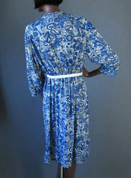 back view, blue and white paisley print vintage dress