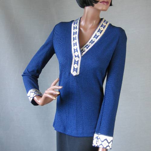 vintage 1960s Boho women's dark blue evening sweater with silver trim