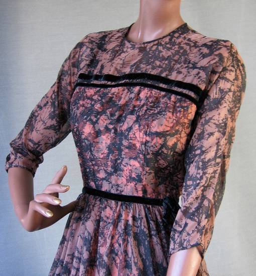 bodice, vintage 1950s abstract crackle print chiffon party dress