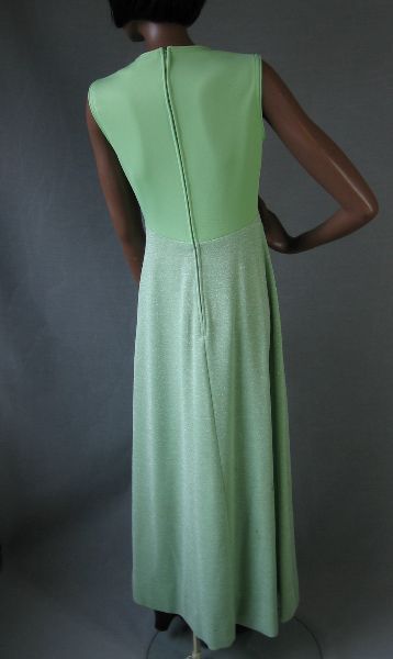 back view, sleeveless green maxi dress