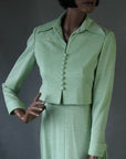 1970s mint green sparkly bomber jacket with maxidress