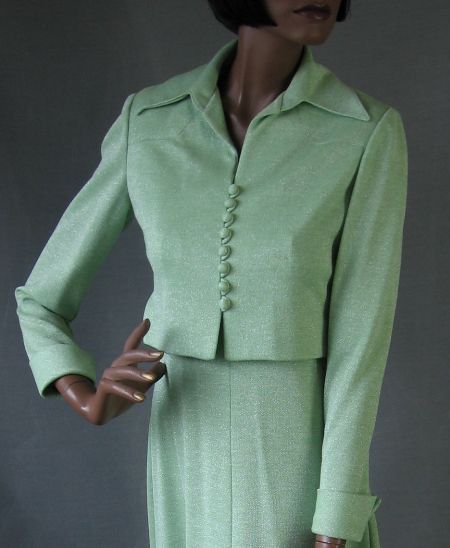 1970s mint green sparkly bomber jacket with maxidress