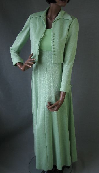 1970s vintage outfit, mint green lurex maxidress and matching cropped jacket with big collar