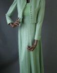 1970s vintage outfit, mint green lurex maxidress and matching cropped jacket with big collar