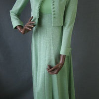 1970s vintage outfit, mint green lurex maxidress and matching cropped jacket with big collar