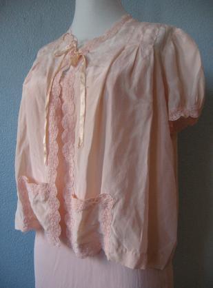 close up, 30s 40s vintage silk bed jacket with matching nightgown